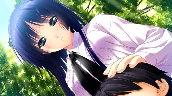 Anime picture 1280x720 with koi mekuri clover sakanoue mikana amasaka takashi long hair blush blue eyes wide image blue hair game cg girl shirt necktie