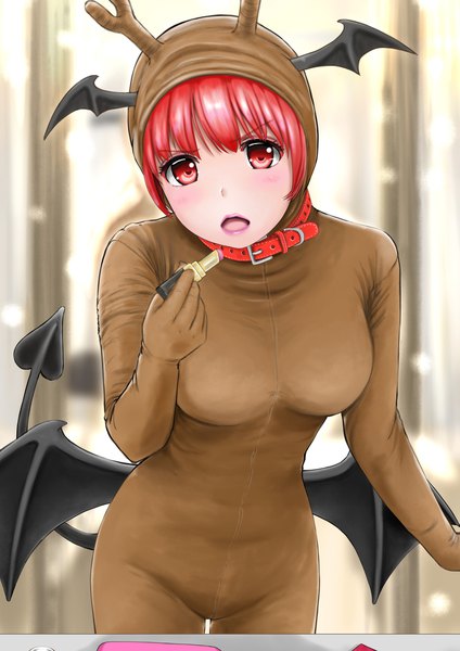 Anime picture 1447x2046 with touhou koakuma bosutonii single tall image looking at viewer fringe short hair breasts open mouth red eyes large breasts standing red hair tail head tilt horn (horns) lips blurry depth of field