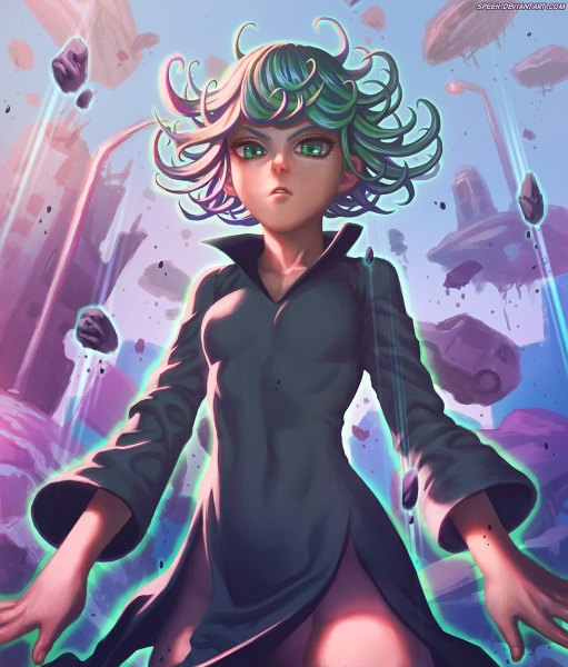 Anime picture 1022x1200 with one-punch man madhouse tatsumaki speeh single tall image looking at viewer short hair light erotic green eyes green hair from below no panties eyebrows girl dress black dress