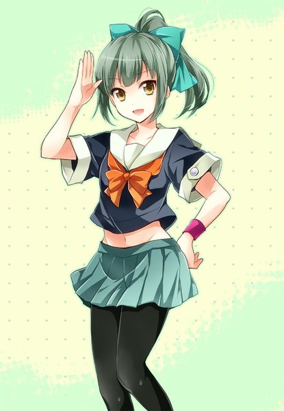 Anime-Bild 623x900 mit kantai collection yuubari light cruiser kubyou azami single tall image looking at viewer fringe short hair open mouth brown eyes bent knee (knees) ponytail green hair bare belly hand on hip polka dot polka dot background salute girl navel