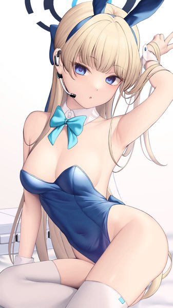 Anime picture 2160x3840 with blue archive toki (blue archive) toki (bunny) (blue archive) shirafuji ene single long hair tall image looking at viewer fringe highres breasts blue eyes light erotic simple background blonde hair white background sitting animal ears blunt bangs arm up