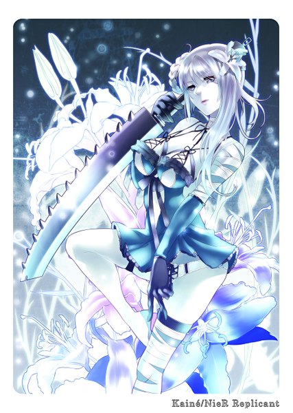 Anime picture 937x1317 with nier kaine (nier) tagme (artist) single long hair tall image blue eyes light erotic silver hair braid (braids) hair flower aqua eyes girl gloves hair ornament underwear panties flower (flowers) weapon detached sleeves