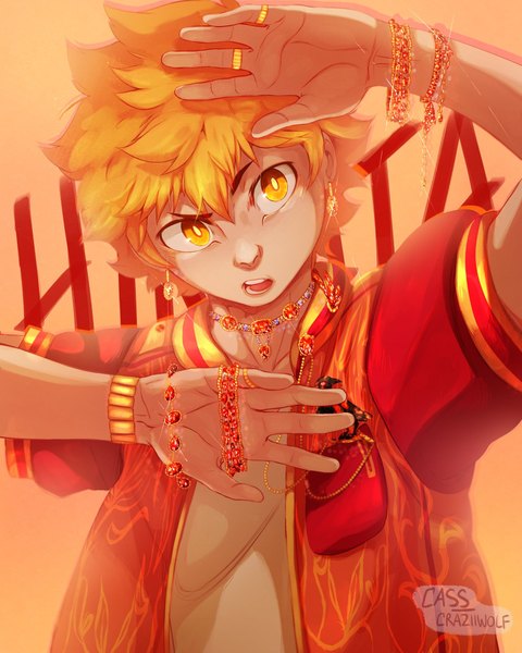 Anime picture 1638x2048 with haikyuu!! production i.g hinata shouyou hiya cass single tall image short hair open mouth signed upper body head tilt orange hair arms up open jacket sparkle orange eyes character names orange background boy earrings