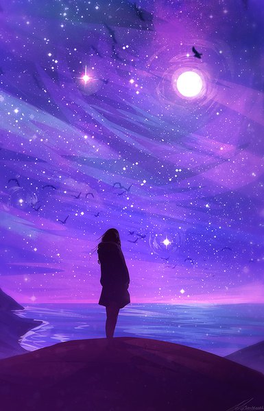 Anime picture 761x1187 with original zandraart single long hair tall image brown hair standing signed looking away from behind night night sky scenic hands in pockets seaside girl animal sea bird (birds) moon