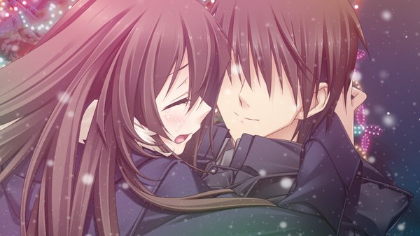 Anime picture 1280x720 with hotch kiss giga ashikawa yukino mikoto akemi long hair open mouth black hair wide image game cg eyes closed couple hug girl boy jacket