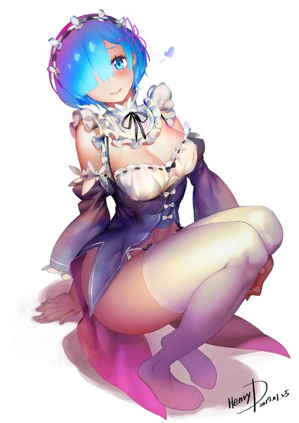 Anime picture 1500x2122 with re:zero kara hajimeru isekai seikatsu white fox rem (re:zero) henry davis single tall image looking at viewer blush fringe short hair breasts blue eyes light erotic simple background smile large breasts white background signed blue hair cleavage