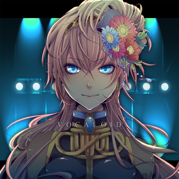 Anime picture 1000x1000 with vocaloid megurine luka domco single long hair blue eyes smile bare shoulders pink hair hair flower girl hair ornament