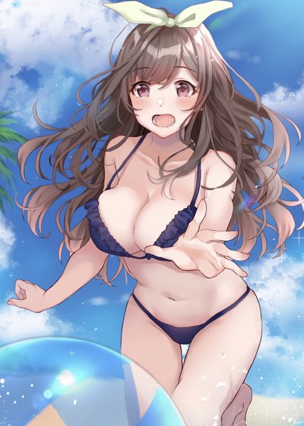 Anime picture 816x1140 with idolmaster idolmaster shiny colors tsukioka kogane hamu (plot sy) single long hair tall image looking at viewer blush fringe breasts open mouth light erotic hair between eyes red eyes brown hair large breasts standing bare shoulders sky