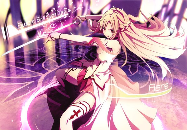 Anime picture 1771x1240 with sword art online a-1 pictures yuuki asuna merontomari long hair highres blonde hair red eyes girl thighhighs dress weapon detached sleeves white thighhighs sword