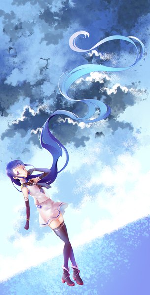 Anime picture 982x1927 with kantai collection samidare destroyer shiosoda single tall image looking at viewer blue eyes blue hair sky cloud (clouds) full body very long hair zettai ryouiki gradient hair girl thighhighs gloves uniform black thighhighs black gloves