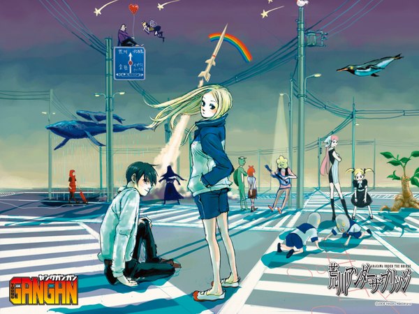 Anime picture 1280x960 with arakawa under the bridge shaft (studio) nino sister (arakawa) ichinomiya kou maria (arakawa) hoshi (arakawa) p-ko (arakawa) kappa (arakawa) stella (arakawa) billy (arakawa) village chief jacqueline (arakawa) iron brothers (arakawa) tooru shirai long hair short hair black hair blonde hair sitting