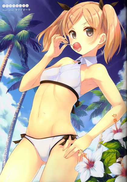 Anime picture 1616x2318 with shirobako p.a. works yano erika takei ooki single long hair tall image looking at viewer blush blue eyes light erotic blonde hair twintails sky cloud (clouds) scan girl navel flower (flowers) swimsuit
