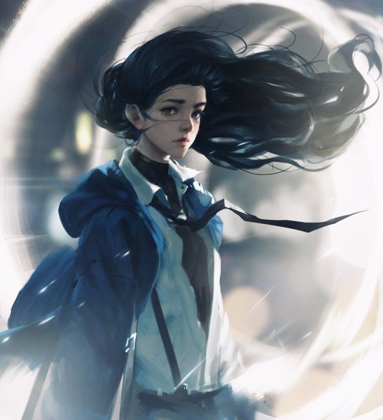 Anime picture 1920x2107 with original rui li single long hair tall image looking at viewer highres blue eyes black hair standing wind lips realistic open jacket open shirt eyebrows expressionless girl shirt necktie
