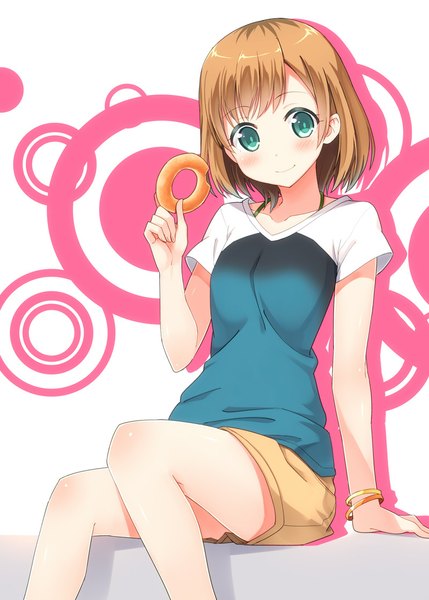 Anime picture 800x1119 with shirobako p.a. works miyamori aoi hyuuga azuri single tall image looking at viewer blush short hair blue eyes smile brown hair girl shorts bracelet