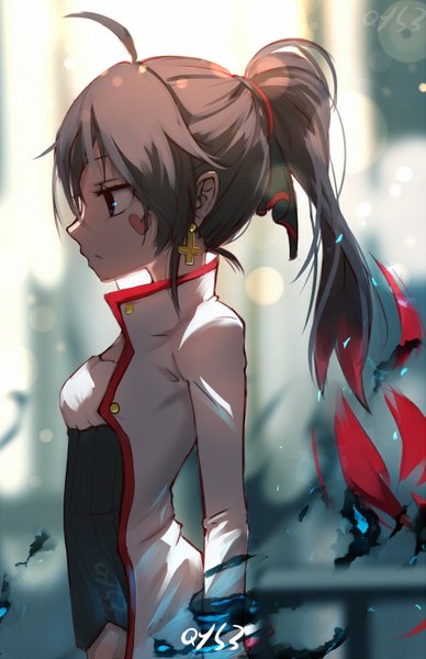 Anime picture 1035x1600 with original qian ye (qys3) qys3 single long hair tall image blue eyes brown hair signed looking away upper body ahoge ponytail profile facial mark girl ribbon (ribbons) hair ribbon earrings jacket