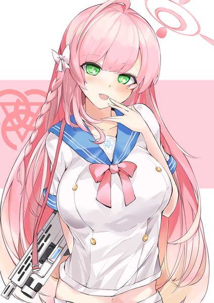Anime picture 1000x1415 with blue archive hanako (blue archive) kie (yospcd) single long hair tall image looking at viewer blush open mouth green eyes pink hair upper body ahoge braid (braids) head tilt :d side braid hand to mouth girl uniform