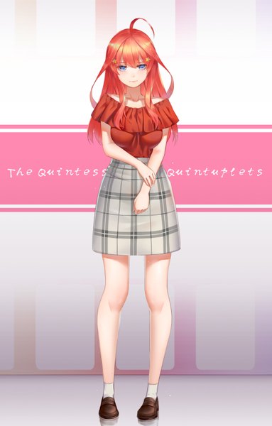 Anime picture 1993x3116 with go-toubun no hanayome nakano itsuki negi3 single long hair tall image looking at viewer blush fringe highres breasts blue eyes simple background hair between eyes standing full body ahoge red hair off shoulder copyright name