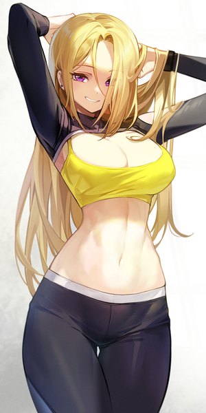 Anime-Bild 875x1750 mit original goomrrat single long hair tall image looking at viewer fringe breasts light erotic simple background blonde hair smile large breasts standing long sleeves parted lips pink eyes hair over one eye arms up midriff