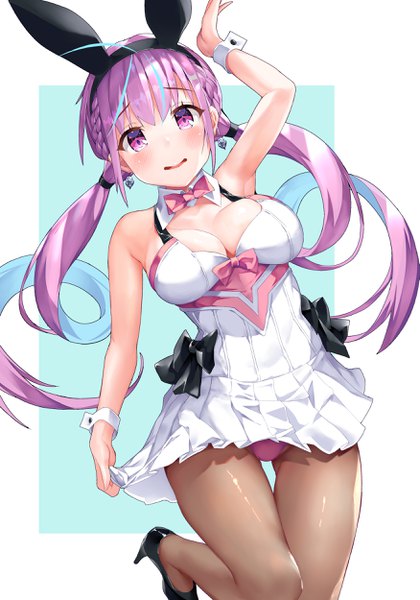 Anime picture 1750x2500 with virtual youtuber hololive minato aqua mogmog single long hair tall image looking at viewer highres breasts light erotic large breasts purple eyes twintails animal ears cleavage purple hair ahoge low twintails fake animal ears