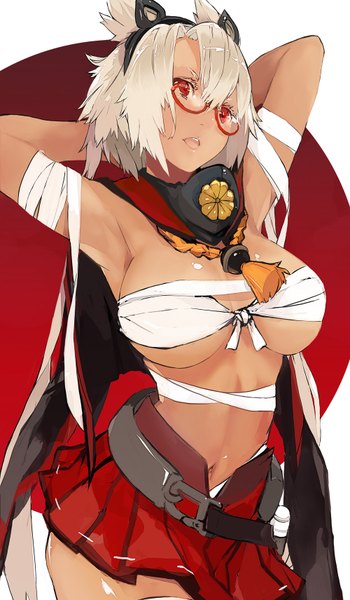 Anime picture 1000x1712 with kantai collection musashi super battleship bobhit single long hair tall image looking at viewer breasts open mouth light erotic simple background blonde hair red eyes large breasts white background twintails armpit (armpits) tan girl skirt