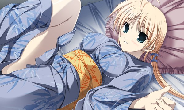 Anime picture 1024x614 with primitive link purple software blue eyes light erotic blonde hair wide image game cg japanese clothes girl kimono