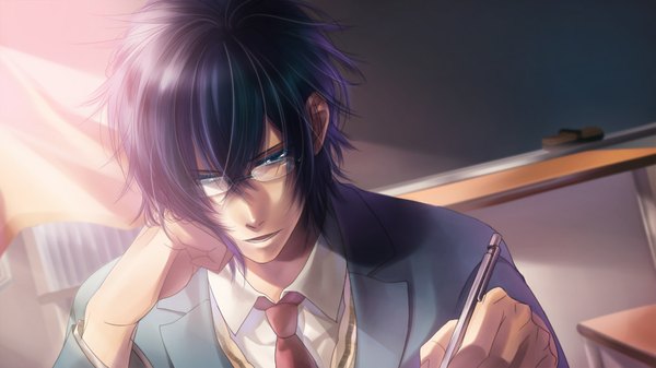 Anime picture 1000x563 with hakuouki shinsengumi kitan studio deen hijikata toshizou (hakuouki) single short hair blue eyes black hair wide image wind boy uniform school uniform glasses desk pen