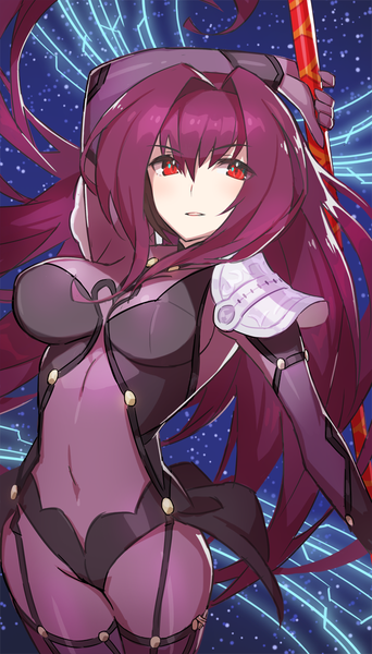 Anime picture 685x1200 with fate (series) fate/grand order scathach (fate) (all) scathach (fate) saitou naoki single long hair tall image fringe breasts light erotic hair between eyes red eyes large breasts looking away purple hair parted lips from above covered navel arm behind head