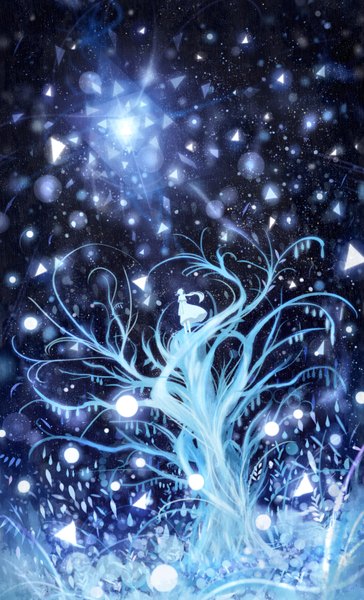 Anime picture 1015x1672 with original bounin single long hair tall image from above from below glow girl dress plant (plants) tree (trees)