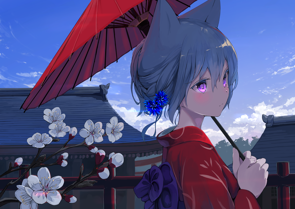 Anime picture 5098x3624 with original mikisai single blush fringe highres short hair hair between eyes standing purple eyes holding animal ears blue hair looking away absurdres sky cloud (clouds) upper body outdoors long sleeves