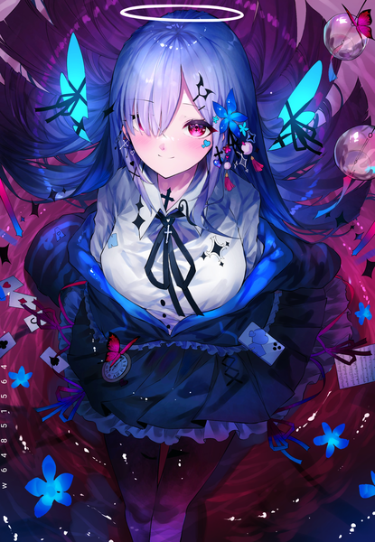 Anime picture 1800x2600 with original w (w64851564) single long hair tall image blush fringe highres smile red eyes purple hair from above hair over one eye off shoulder looking up girl hair ornament flower (flowers) shirt wings