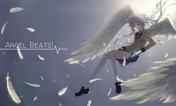 Anime picture 2315x1408 with angel beats! key (studio) tachibana kanade sombernight single long hair looking at viewer fringe highres wide image yellow eyes ponytail copyright name white wings weightlessness girl uniform school uniform wings shoes