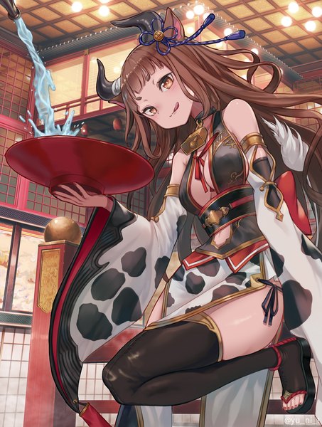 Anime picture 1076x1424 with original yu ni t single long hair tall image breasts light erotic brown hair standing signed animal ears indoors nail polish horn (horns) twitter username standing on one leg eyebrows new year bell collar animal print