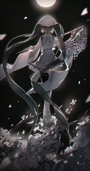 Anime picture 2480x4724 with vocaloid senbonzakura (vocaloid) hatsune miku kazenemuri single tall image highres standing twintails holding looking away full body long sleeves very long hair pleated skirt grey hair from behind blurry night wide sleeves