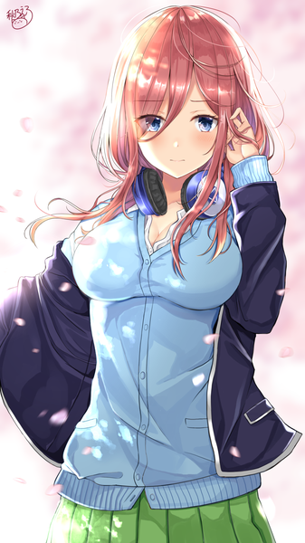 Anime picture 1000x1779 with go-toubun no hanayome nakano miku akino ell single long hair tall image looking at viewer blush fringe breasts blue eyes simple background hair between eyes brown hair large breasts standing signed payot cleavage pleated skirt