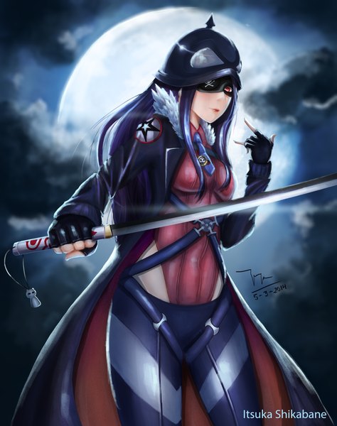 Anime picture 3556x4500 with sekai seifuku shikabane itsuka ashirok-on (artist) single long hair tall image looking at viewer highres red eyes absurdres sky purple hair cloud (clouds) lips night girl gloves weapon sword headdress