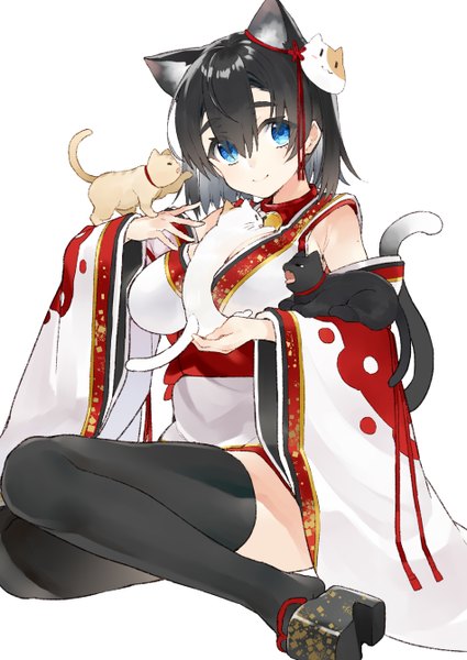 Anime picture 3800x5367 with original kou mashiro single tall image looking at viewer fringe highres short hair breasts blue eyes black hair simple background smile hair between eyes large breasts white background sitting holding animal ears absurdres