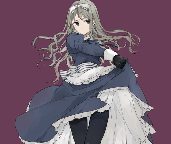 Anime picture 1000x842 with axis powers hetalia studio deen belarus (hetalia) hita (hitapita) single long hair fringe simple background looking away grey hair black eyes maid floating hair outstretched arm purple background girl gloves uniform bow hair bow