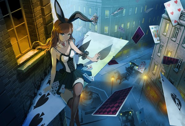 Anime picture 1713x1174 with original ume (illegal bible) long hair looking at viewer blush fringe highres brown hair sitting bare shoulders green eyes animal ears cleavage blunt bangs from above night sleeveless crossed legs city fake animal ears