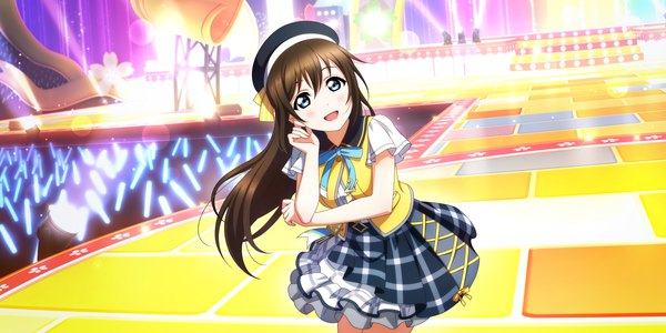 Anime picture 3600x1800 with love live! nijigasaki high school idol club sunrise (studio) love live! ousaka shizuku single long hair looking at viewer blush fringe highres open mouth blue eyes smile hair between eyes brown hair wide image standing :d official art short sleeves