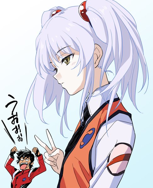 Anime picture 1216x1500 with martian successor nadesico xebec hoshino ruri daigouji gai agahari long hair tall image short hair black hair simple background twintails yellow eyes looking away silver hair upper body profile victory blue background girl boy