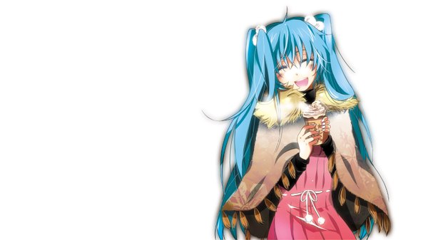 Anime picture 1600x900 with vocaloid hatsune miku marirero a single long hair blush open mouth wide image white background twintails blue hair eyes closed girl dress food sweets ice cream