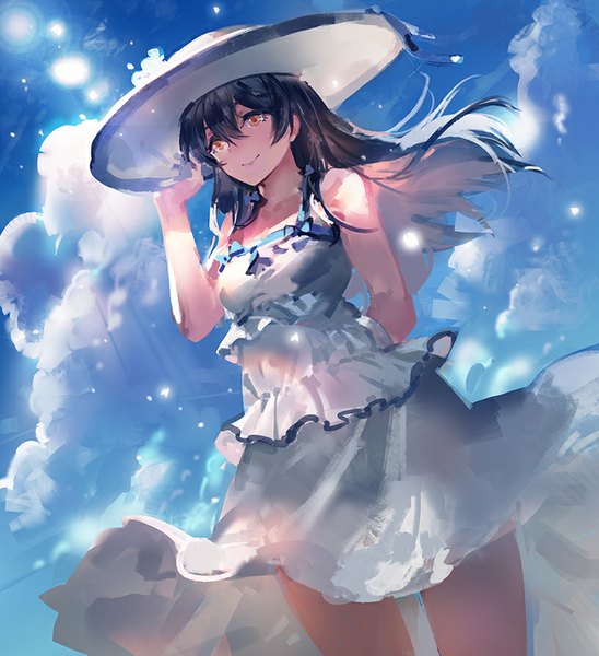 Anime picture 777x850 with love live! school idol project sunrise (studio) love live! sonoda umi kishiyo single long hair tall image black hair smile looking away sky cloud (clouds) wind sunlight orange eyes revision girl dress hat