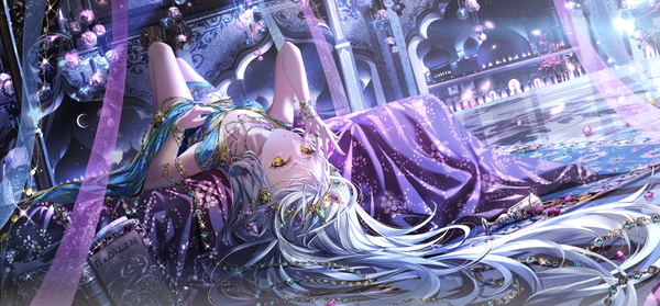 Anime picture 6721x3125 with original junpaku karen single long hair blush fringe highres breasts wide image yellow eyes looking away absurdres silver hair bent knee (knees) indoors lying traditional clothes parted lips night sparkle