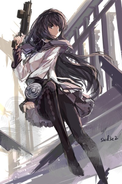 Anime picture 1417x2125 with mahou shoujo madoka magica shaft (studio) akemi homura swd3e2 single long hair tall image looking at viewer black hair purple eyes signed jumping magical girl ruins girl skirt weapon miniskirt pantyhose gun