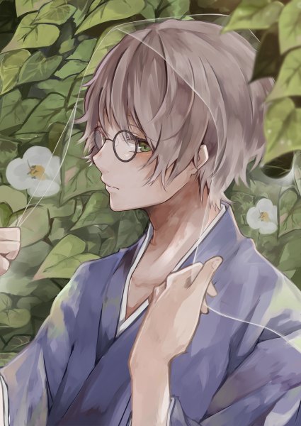 Anime picture 850x1200 with original asano (tomoli t) single tall image blush fringe short hair green eyes upper body traditional clothes japanese clothes grey hair boy flower (flowers) glasses leaf (leaves) yukata veil