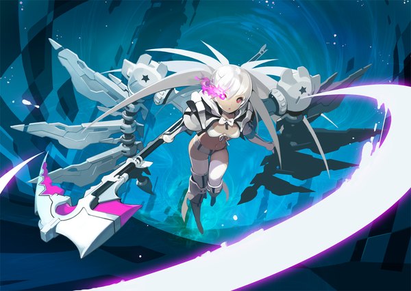 Anime-Bild 1200x853 mit black rock shooter white rock shooter akito1179 (artist) single light erotic red eyes twintails holding bent knee (knees) white hair long sleeves :o glowing glowing eye (eyes) glowing weapon mechanical wings girl thighhighs weapon swimsuit