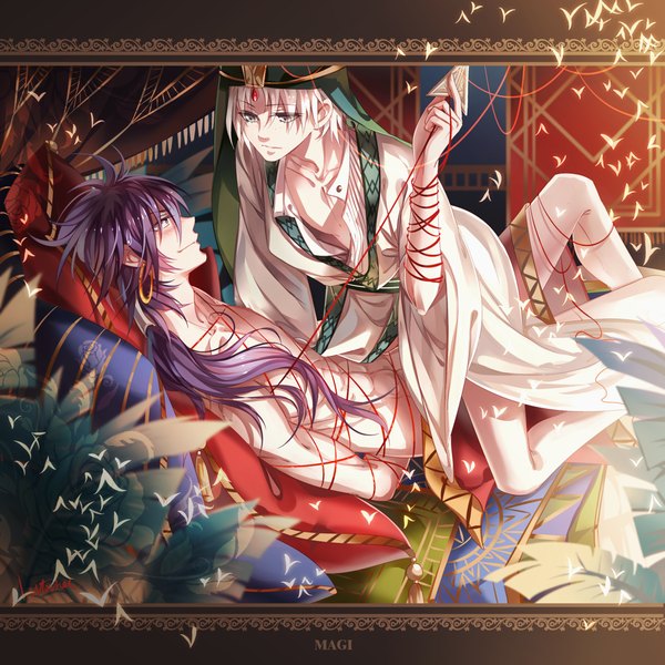 Anime picture 1200x1200 with magi the labyrinth of magic a-1 pictures judal ja'far (magi) instockee long hair blush short hair purple hair white hair ponytail aqua eyes inscription open clothes multiple boys grey eyes open shirt topless muscle shounen ai