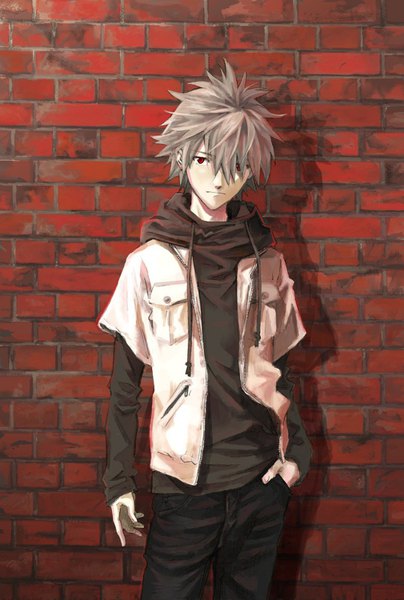 Anime picture 674x1000 with neon genesis evangelion gainax nagisa kaworu mc single tall image looking at viewer fringe short hair hair between eyes red eyes standing grey hair hair over one eye shadow hand in pocket against wall casual brick wall boy