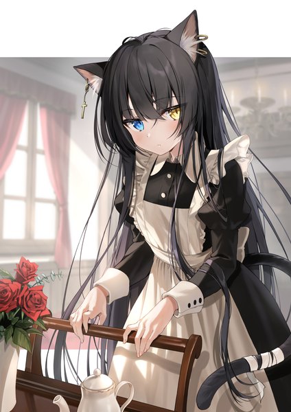 Anime picture 1158x1637 with original kakao rantan single long hair tall image looking at viewer blush fringe blue eyes black hair hair between eyes standing animal ears yellow eyes payot ahoge indoors tail animal tail blurry