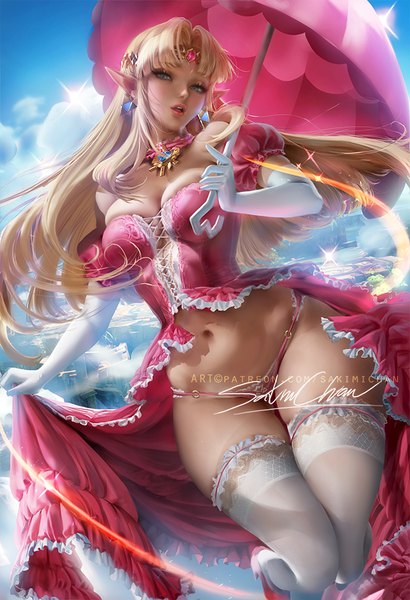 Anime picture 684x1000 with the legend of zelda super mario bros. nintendo princess zelda princess peach sakimichan single long hair tall image looking at viewer blush fringe open mouth blue eyes light erotic blonde hair holding signed sky cleavage